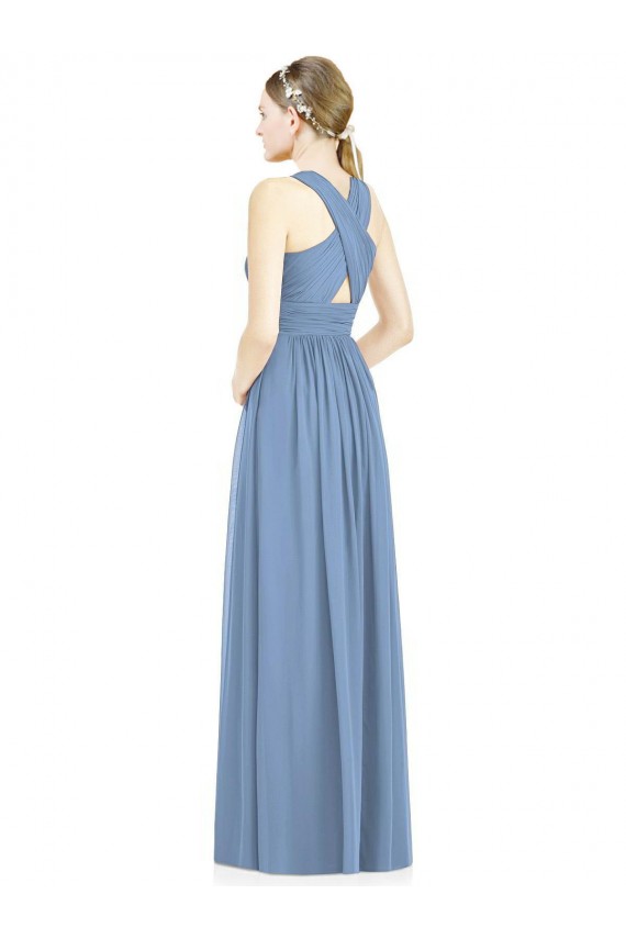 Boutique Bleu poussiéreux Trapèze Col V Mousseline Longue Robes demoiselle d'honneur