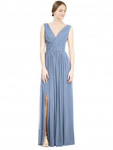 Boutique Bleu poussiéreux Trapèze Col V Mousseline Longue Robes demoiselle d'honneur
