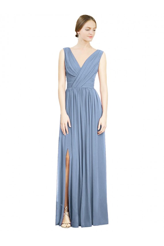 Boutique Bleu poussiéreux Trapèze Col V Mousseline Longue Robes demoiselle d'honneur