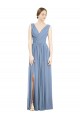 Boutique Bleu poussiéreux Trapèze Col V Mousseline Longue Robes demoiselle d'honneur