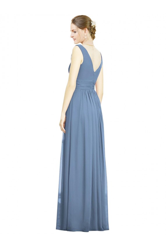 Boutique Bleu poussiéreux Trapèze Col V Mousseline Longue Robes demoiselle d'honneur