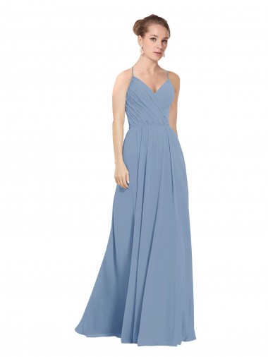 Boutique Bleu poussiéreux Trapèze Col V Mousseline Longue Robes demoiselle d'honneur