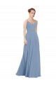 Boutique Bleu poussiéreux Trapèze Col V Mousseline Longue Robes demoiselle d'honneur