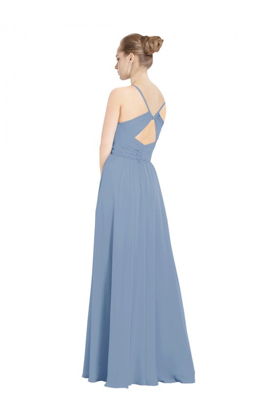 Boutique Bleu poussiéreux Trapèze Col V Mousseline Longue Robes demoiselle d'honneur