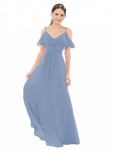 Boutique Bleu poussiéreux Trapèze Col V Mousseline Longue Robes demoiselle d'honneur