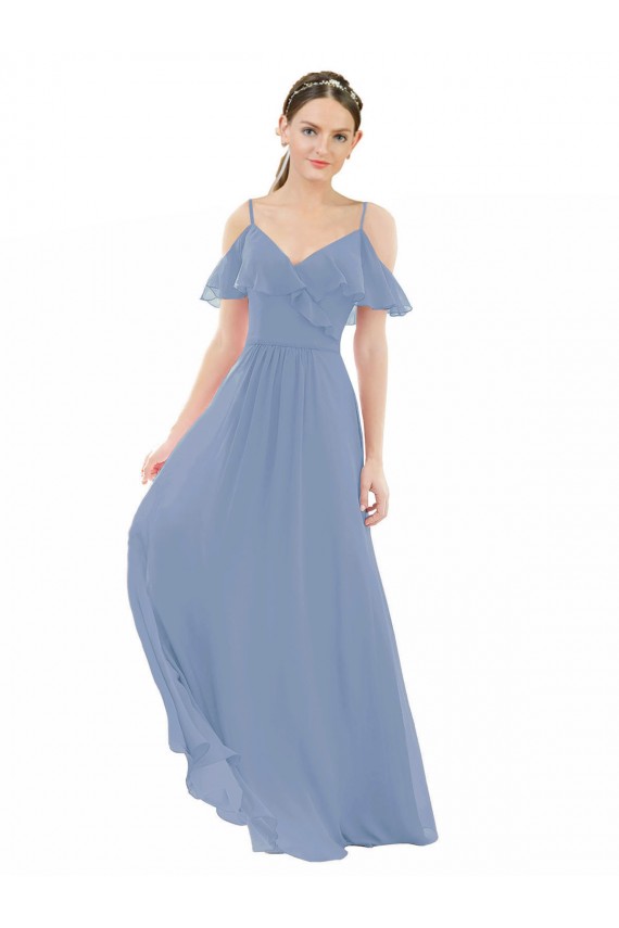 Boutique Bleu poussiéreux Trapèze Col V Mousseline Longue Robes demoiselle d'honneur