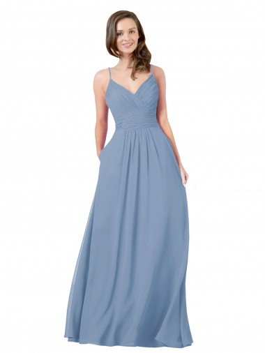 Boutique Bleu poussiéreux Trapèze Col V Mousseline Longue Robes demoiselle d'honneur