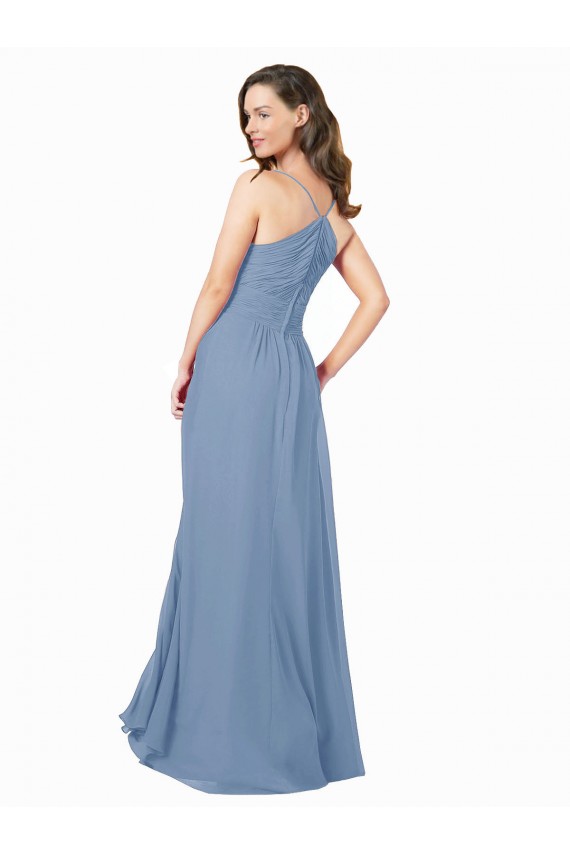 Boutique Bleu poussiéreux Trapèze Col V Mousseline Longue Robes demoiselle d'honneur