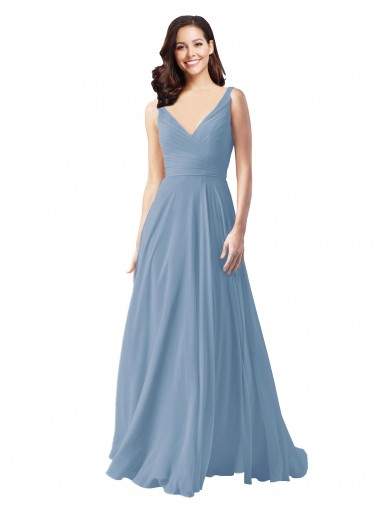 Boutique Bleu poussiéreux Trapèze Col V Mousseline Longue Robes demoiselle d'honneur