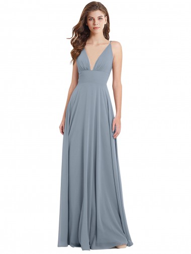 Boutique Bleu poussiéreux Trapèze Col V Mousseline Longue Robes demoiselle d'honneur