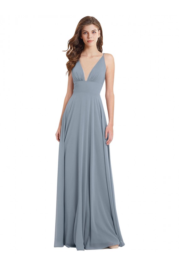 Boutique Bleu poussiéreux Trapèze Col V Mousseline Longue Robes demoiselle d'honneur