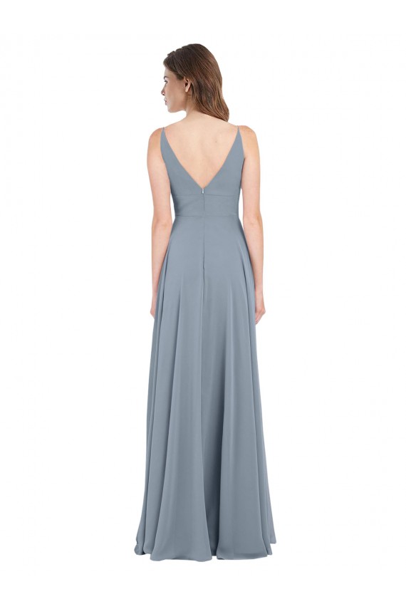 Boutique Bleu poussiéreux Trapèze Col V Mousseline Longue Robes demoiselle d'honneur