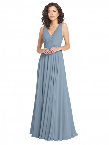 Boutique Bleu poussiéreux Trapèze Col V Mousseline Longue Robes demoiselle d'honneur
