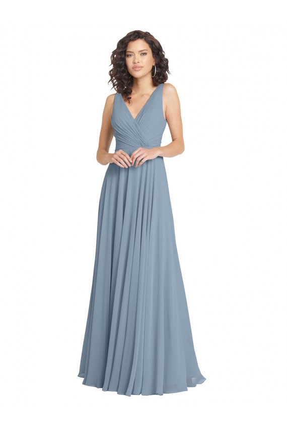 Boutique Bleu poussiéreux Trapèze Col V Mousseline Longue Robes demoiselle d'honneur