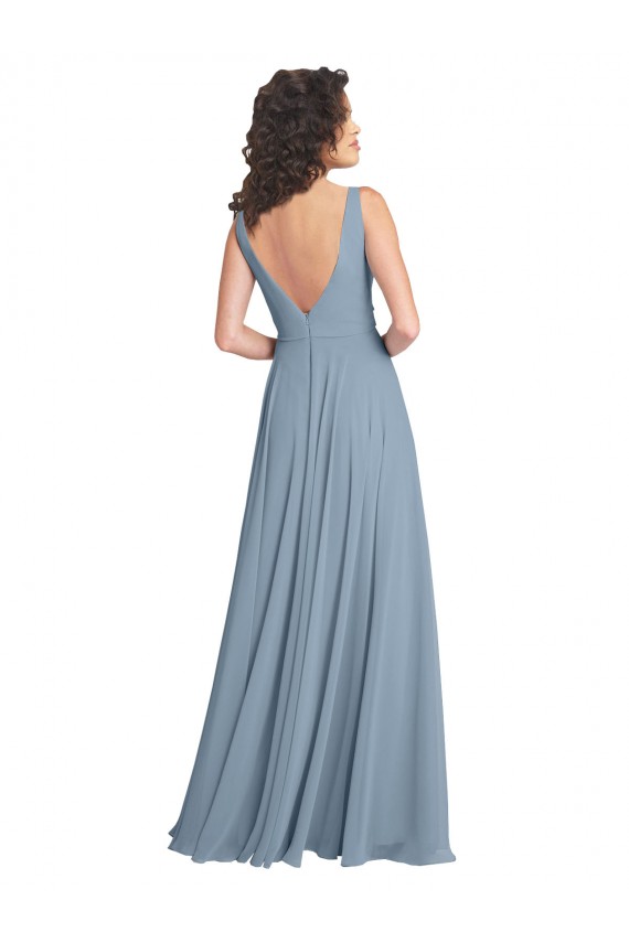 Boutique Bleu poussiéreux Trapèze Col V Mousseline Longue Robes demoiselle d'honneur
