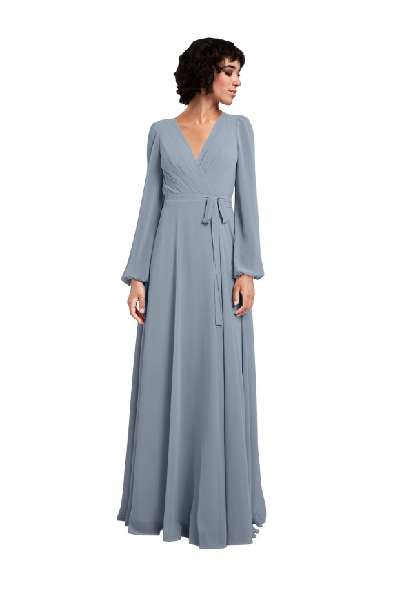 Boutique Bleu poussiéreux Trapèze Col V Mousseline Longue Robes demoiselle d'honneur