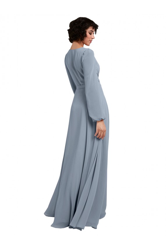 Boutique Bleu poussiéreux Trapèze Col V Mousseline Longue Robes demoiselle d'honneur