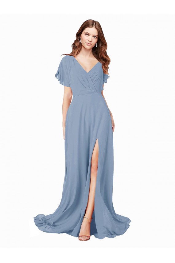Boutique Bleu poussiéreux Trapèze Col V Mousseline Longue Robes demoiselle d'honneur / Robes de bal