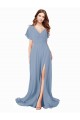 Boutique Bleu poussiéreux Trapèze Col V Mousseline Longue Robes demoiselle d'honneur / Robes de bal