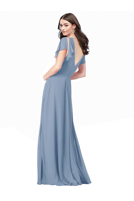 Boutique Bleu poussiéreux Trapèze Col V Mousseline Longue Robes demoiselle d'honneur / Robes de bal