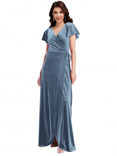 Boutique Bleu poussiéreux Trapèze Col V Velours Stretch Longue Robes demoiselle d'honneur / Robes de bal