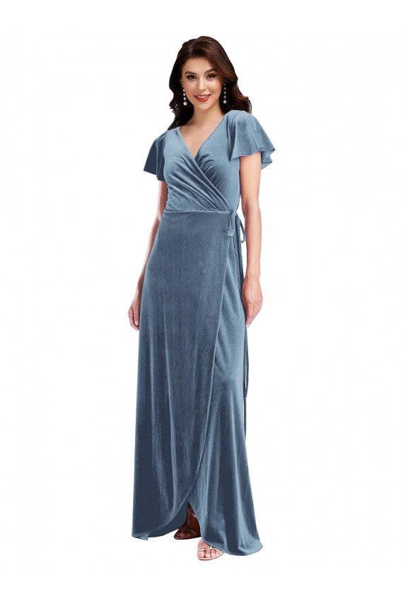 Boutique Bleu poussiéreux Trapèze Col V Velours Stretch Longue Robes demoiselle d'honneur / Robes de bal
