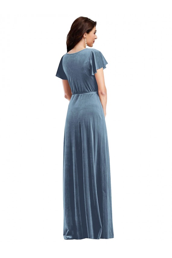 Boutique Bleu poussiéreux Trapèze Col V Velours Stretch Longue Robes demoiselle d'honneur / Robes de bal