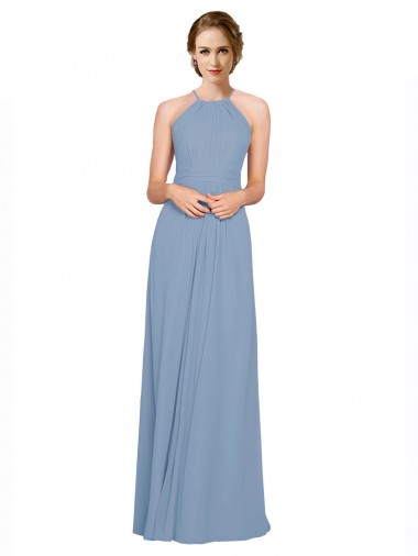 Boutique Bleu poussiéreux Trapèze Licou Col Haut Mousseline Longue Robes demoiselle d'honneur