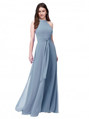 Boutique Bleu poussiéreux Trapèze Licou Col Haut Mousseline Longue Robes demoiselle d'honneur