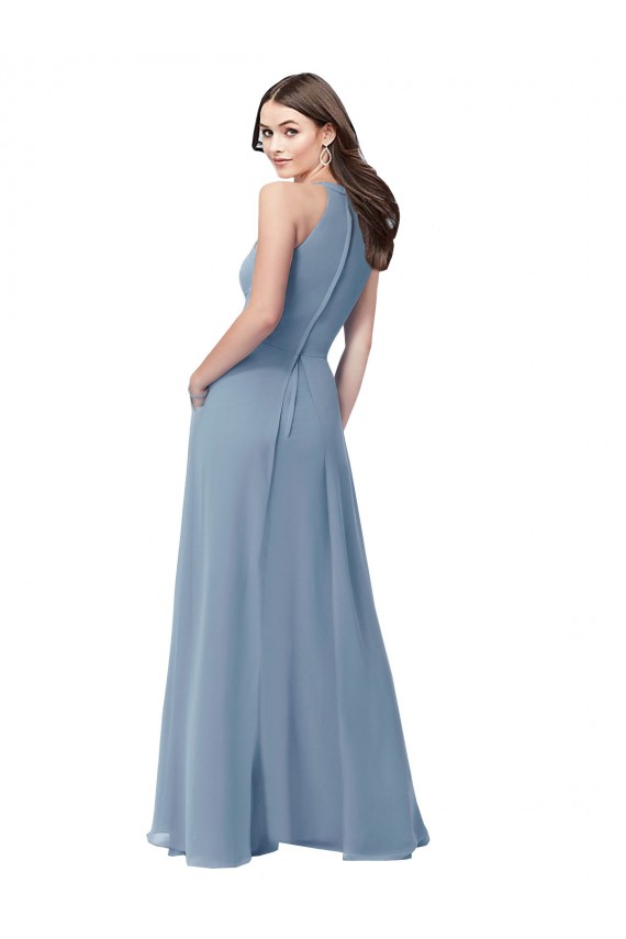 Boutique Bleu poussiéreux Trapèze Licou Col Haut Mousseline Longue Robes demoiselle d'honneur