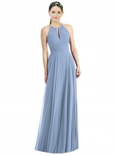 Boutique Bleu poussiéreux Trapèze Licou Mousseline Longue Robes demoiselle d'honneur