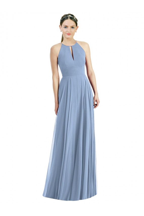 Boutique Bleu poussiéreux Trapèze Licou Mousseline Longue Robes demoiselle d'honneur