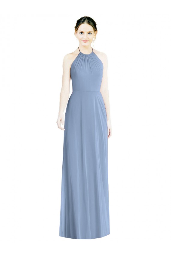 Boutique Bleu poussiéreux Trapèze Licou Mousseline Longue Robes demoiselle d'honneur
