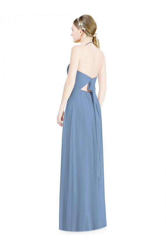 Boutique Bleu poussiéreux Trapèze Licou Mousseline Longue Robes demoiselle d'honneur