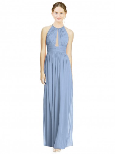 Boutique Bleu poussiéreux Trapèze Licou Mousseline Longue Robes demoiselle d'honneur