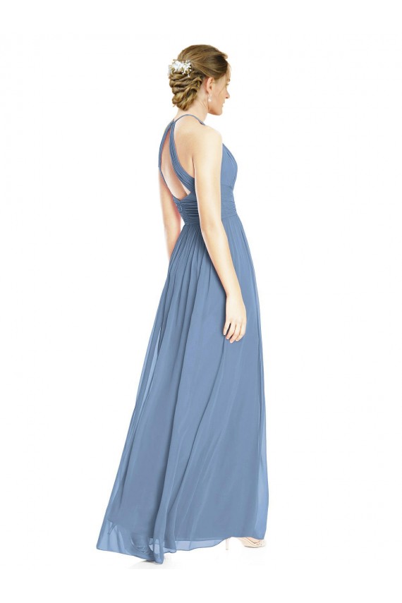 Boutique Bleu poussiéreux Trapèze Licou Mousseline Longue Robes demoiselle d'honneur