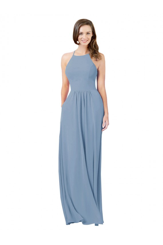 Boutique Bleu poussiéreux Trapèze Licou Mousseline Longue Robes demoiselle d'honneur