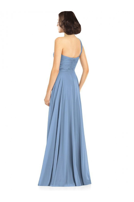 Boutique Bleu poussiéreux Trapèze Mousseline Longue Robes demoiselle d'honneur