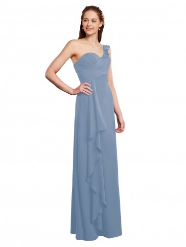 Boutique Bleu poussiéreux Trapèze Mousseline Longue Robes demoiselle d'honneur
