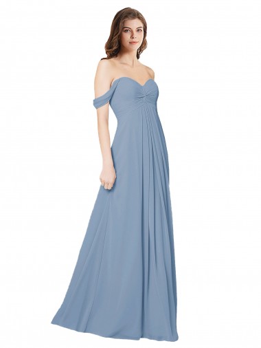 Boutique Bleu poussiéreux Trapèze Mousseline Longue Robes demoiselle d'honneur