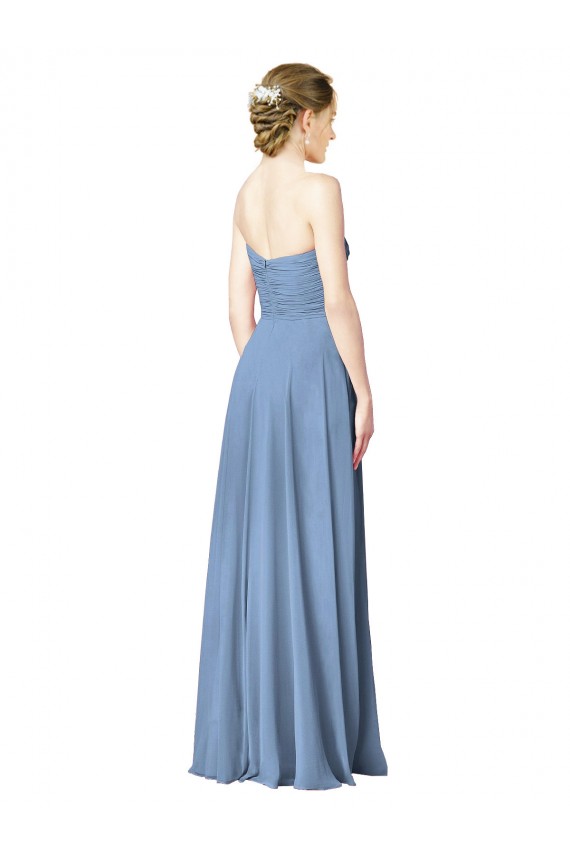 Boutique Bleu poussiéreux Trapèze Sans bretelle Mousseline Longue Robes demoiselle d'honneur