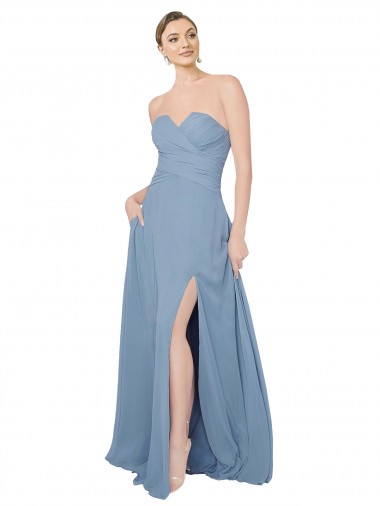Boutique Bleu poussiéreux Trapèze Sans bretelle Mousseline Longue Robes demoiselle d'honneur