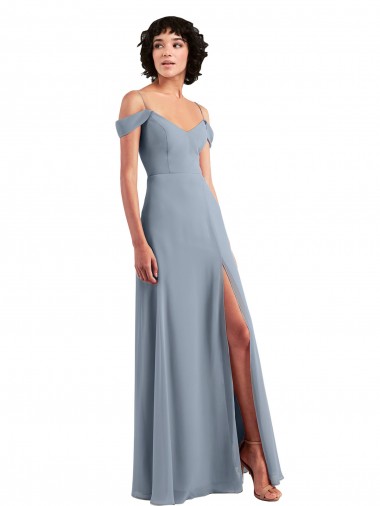 Boutique Bleu poussiéreux Trapèze Épaule Dénudée Bretelles spaghetti Mousseline Longue Robes demoiselle d'honneur