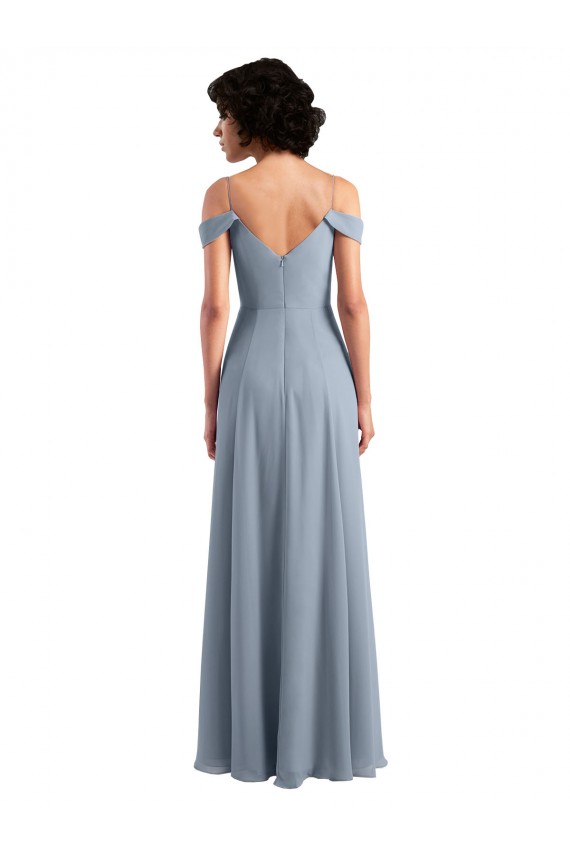 Boutique Bleu poussiéreux Trapèze Épaule Dénudée Bretelles spaghetti Mousseline Longue Robes demoiselle d'honneur