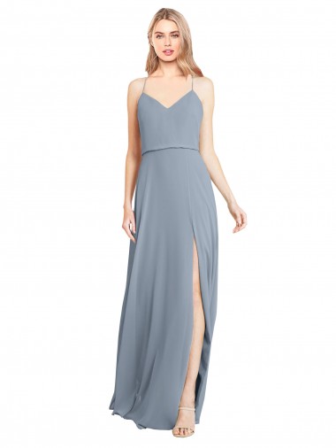 Boutique Bleu poussiéreux Trapèze Épaule Dénudée Bretelles spaghetti Mousseline Longue Robes demoiselle d'honneur