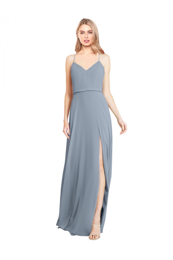 Boutique Bleu poussiéreux Trapèze Épaule Dénudée Bretelles spaghetti Mousseline Longue Robes demoiselle d'honneur