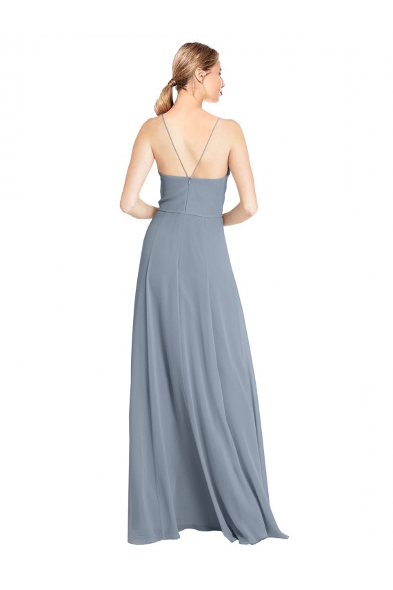 Boutique Bleu poussiéreux Trapèze Épaule Dénudée Bretelles spaghetti Mousseline Longue Robes demoiselle d'honneur