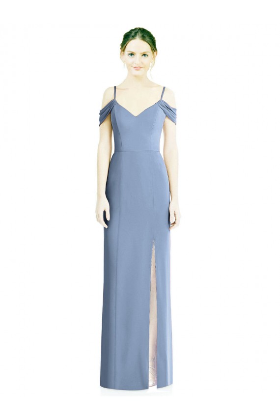 Boutique Bleu poussiéreux Trapèze Épaule Dénudée Mousseline Longue Formelles Robes demoiselle d'honneur / Robes de soirée