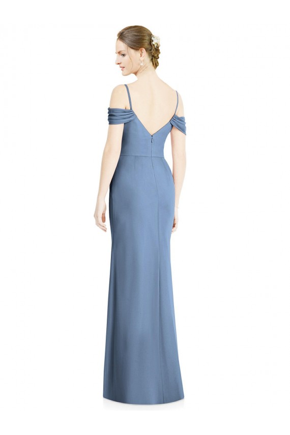 Boutique Bleu poussiéreux Trapèze Épaule Dénudée Mousseline Longue Formelles Robes demoiselle d'honneur / Robes de soirée