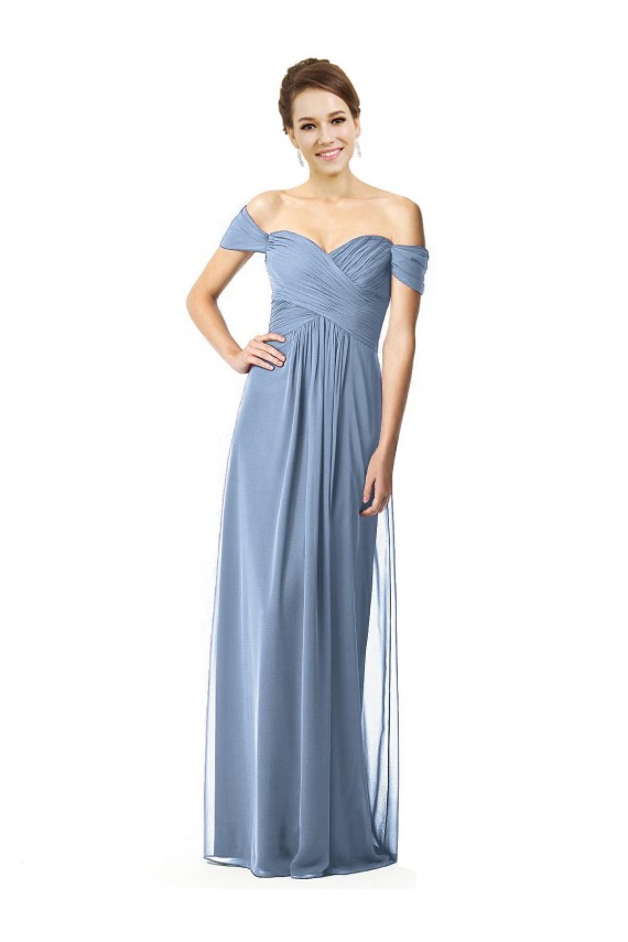 Boutique Bleu poussiéreux Trapèze Épaule Dénudée Mousseline Longue Robes demoiselle d'honneur